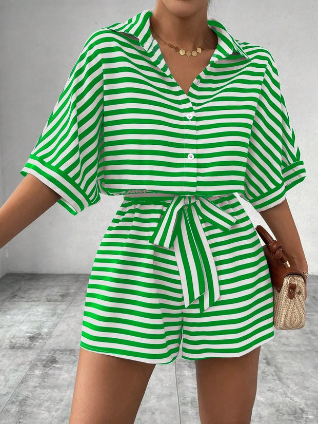Tie Waist Half Button Striped Romper www.nizzadesign.com