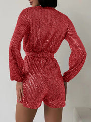 Full Size Sequin Surplice Tie Waist Long Sleeve Romper www.nizzadesign.com