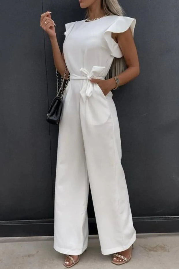 Round Neck Cap Sleeve Jumpsuit White www.nizzadesign.com