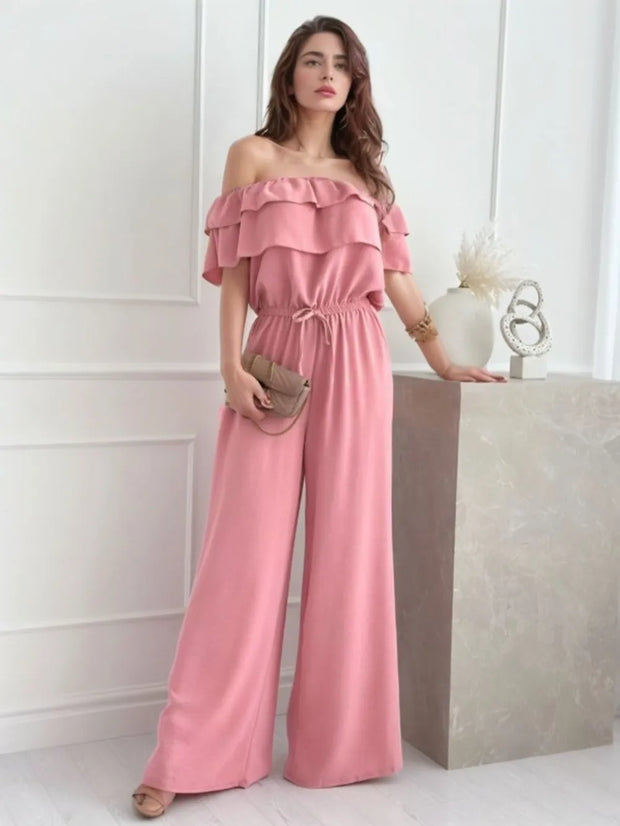Ruffled Off Shoulder Wide Leg Jumpsuit www.nizzadesign.com