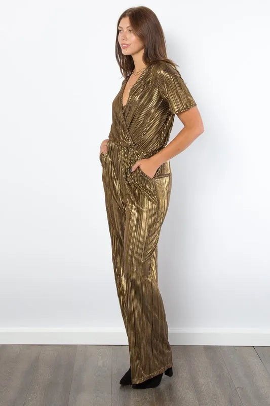 Be Stage Surplice Short Sleeve Pleated Foil Jumpsuit www.nizzadesign.com