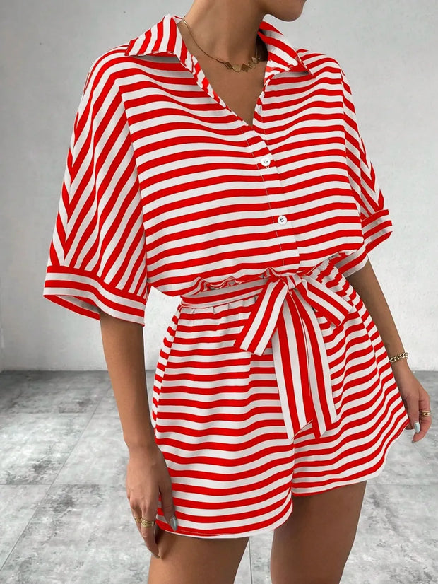 Tie Waist Half Button Striped Romper www.nizzadesign.com