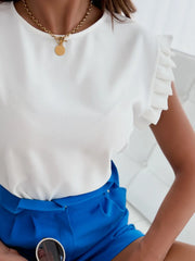 Ruffled Round Neck Cap Sleeve Top www.nizzadesign.com