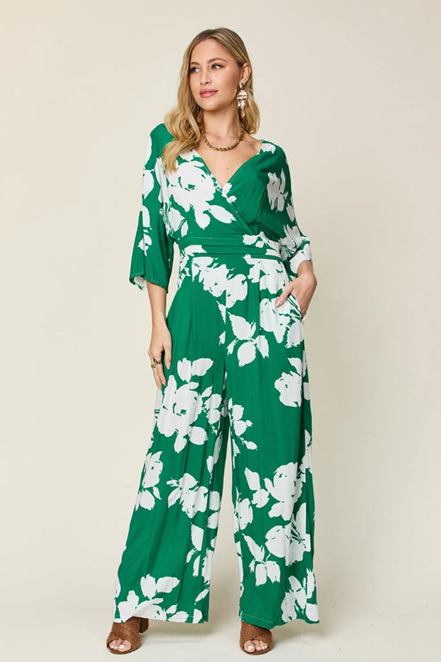 Double Take Full Size Printed Tie Back Wide Leg Jumpsuit Green www.nizzadesign.com