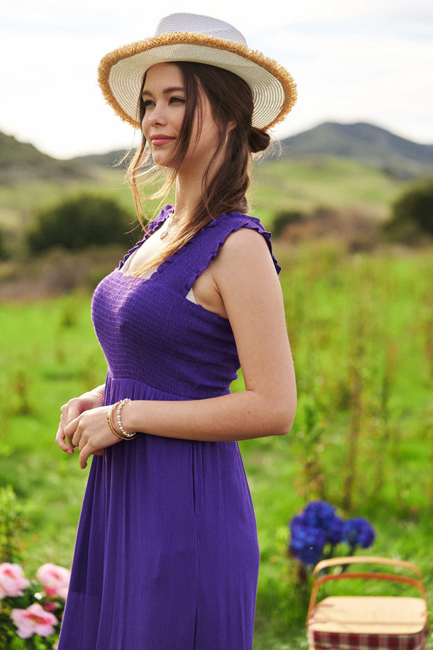 Davi & Dani Smocked Bodice Strap Ruffle Tie Belt Jumpsuit www.nizzadesign.com