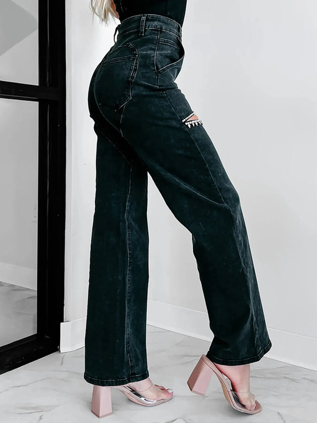 Ripped Wide Leg Wash Denim Jeans www.nizzadesign.com