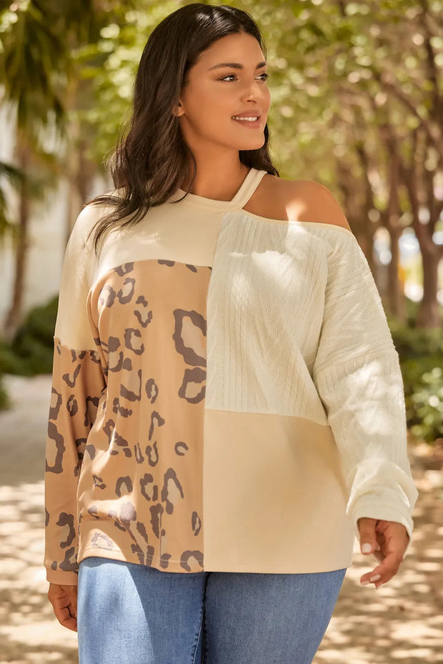 Plus Size Leopard Color Block Long Sleeve T-Shirt www.nizzadesign.com