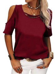 Full Size Crisscross Cold Shoulder Casual T-Shirt Plus Size Wine Red www.nizzadesign.com