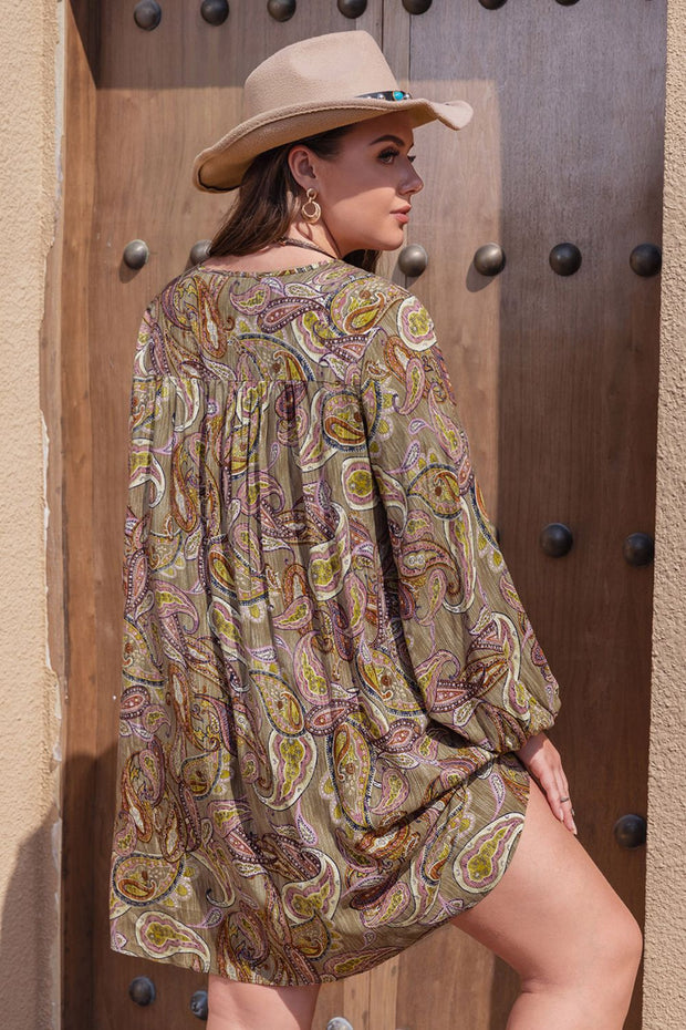 Plus Size Printed V-Neck Long Sleeve Midi Dress www.nizzadesign.com