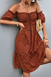 Ditsy Floral Smocked Frill Trim Off-Shoulder Dress www.nizzadesign.com