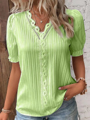 Full Size Lace Detail V-Neck Blouse Plus Size Yellowish Green www.nizzadesign.com