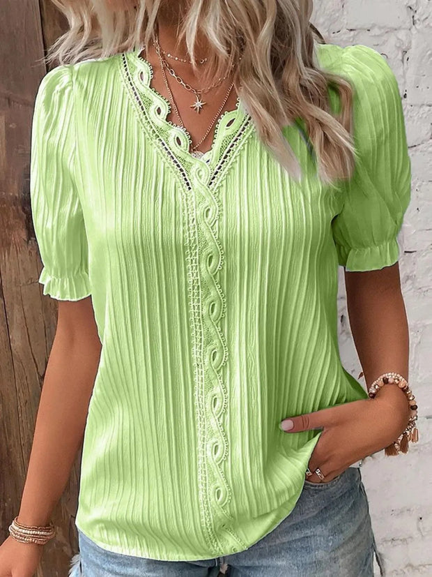 Full Size Lace Detail V-Neck Blouse Plus Size Yellowish Green www.nizzadesign.com
