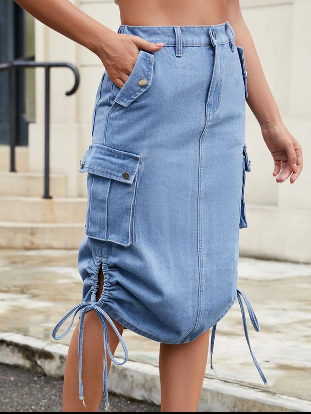 Drawstring Denim Skirt with Cargo Pockets www.nizzadesign.com