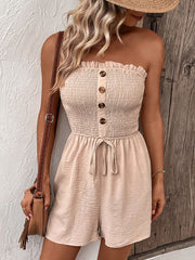 Perfee Decorative Button Smocked Strapless Romper www.nizzadesign.com