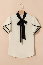 Bow Tie Contrast Short Sleeve Blouse www.nizzadesign.com