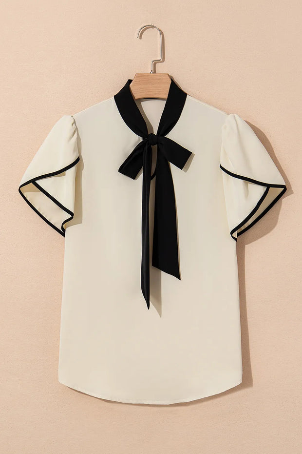 Bow Tie Contrast Short Sleeve Blouse www.nizzadesign.com