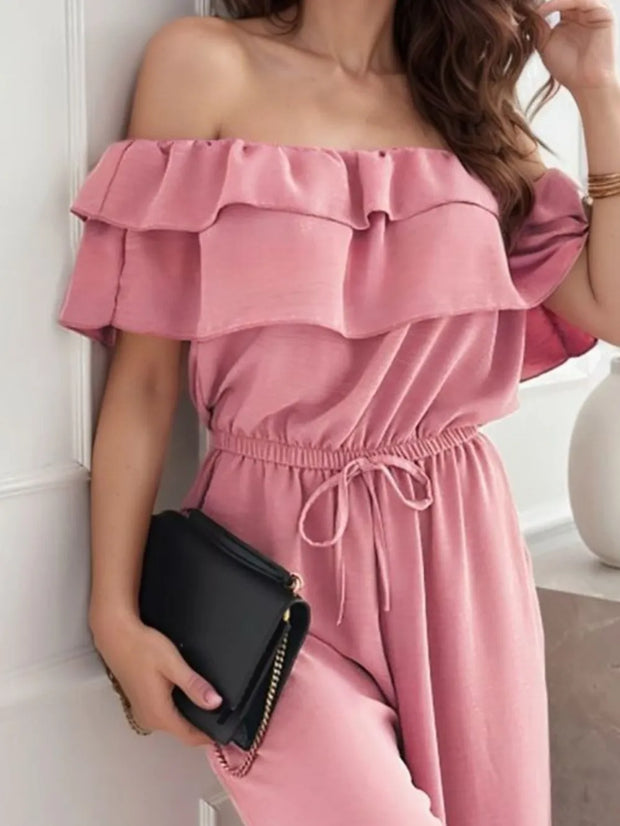 Ruffled Off Shoulder Wide Leg Jumpsuit www.nizzadesign.com