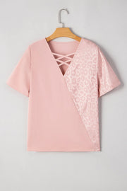 Leopard Jacquard Patchwork Crisscross V Neck Short Sleeve Blouse www.nizzadesign.com