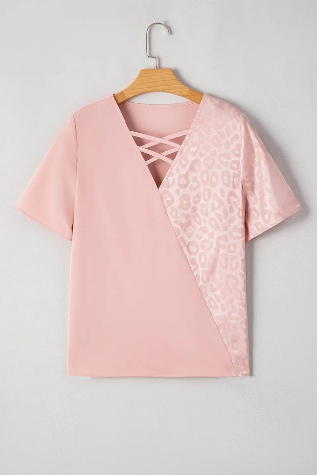 Leopard Jacquard Patchwork Crisscross V Neck Short Sleeve Blouse www.nizzadesign.com