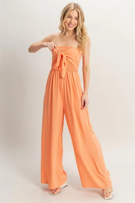HYFVE Strapless Tie Front Smocked Jumpsuit www.nizzadesign.com