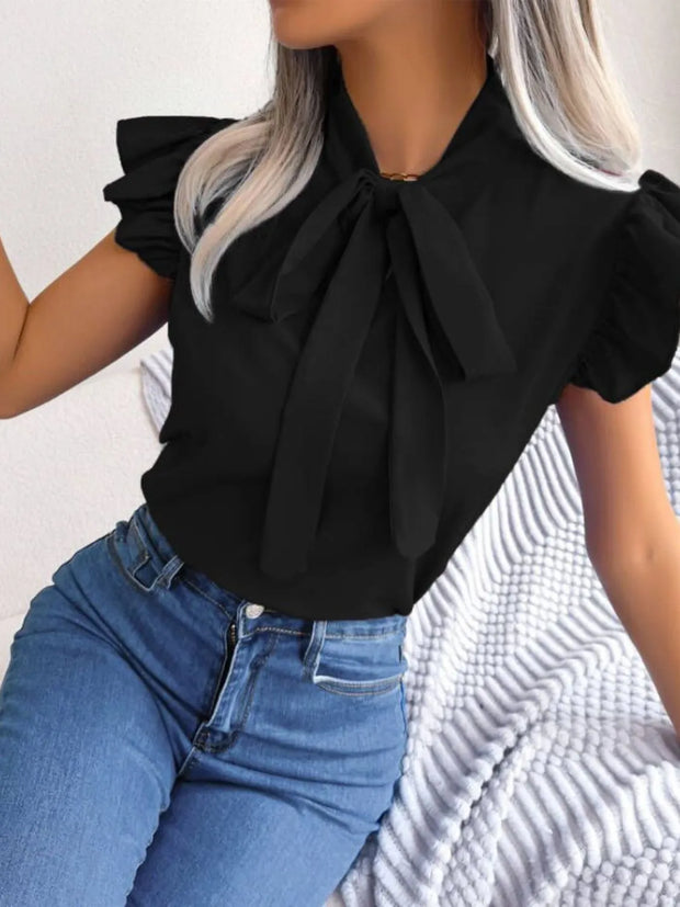 Ruffle Cap Sleeve Bow Tie Blouse www.nizzadesign.com