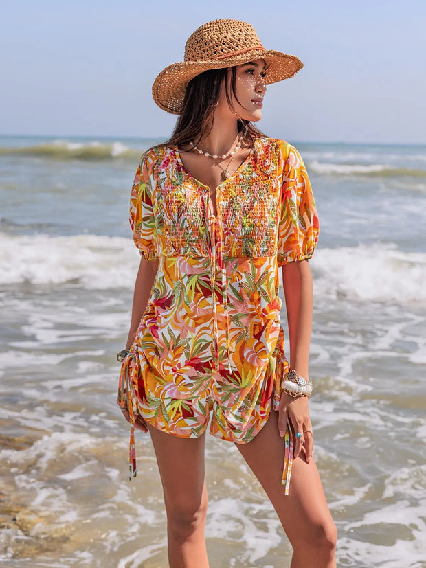 Smocked Printed Tie Neck Romper www.nizzadesign.com