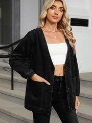 Pocketed V-Neck Button Up Denim Jacket www.nizzadesign.com