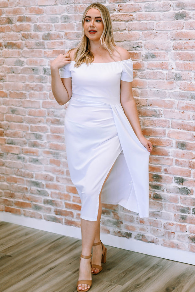 Off-Shoulder Short Sleeve Split Dress White www.nizzadesign.com