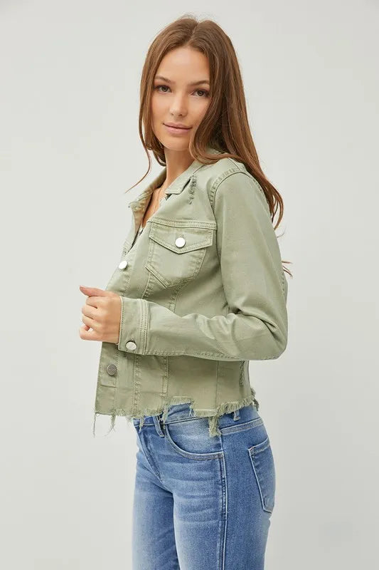 RISEN Full Size Raw Hem Button Up Cropped Denim Jacket Plus Size www.nizzadesign.com