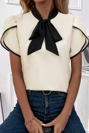 Bow Tie Contrast Short Sleeve Blouse www.nizzadesign.com