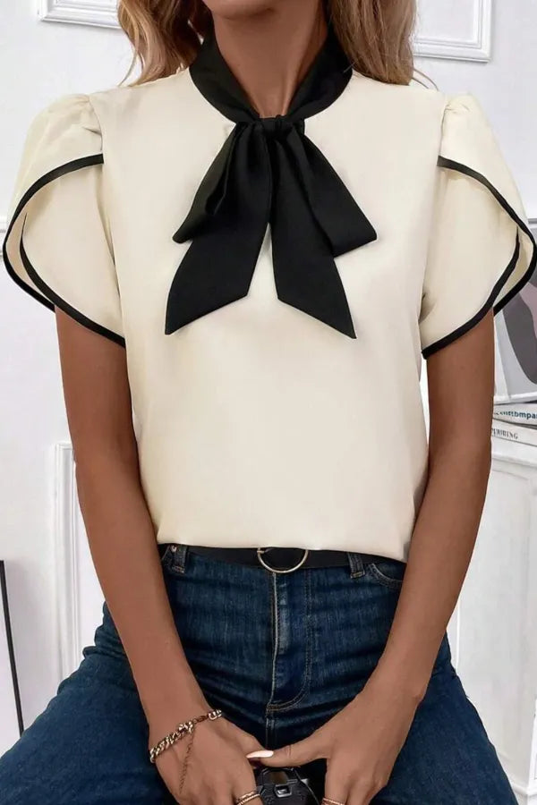 Bow Tie Contrast Short Sleeve Blouse www.nizzadesign.com