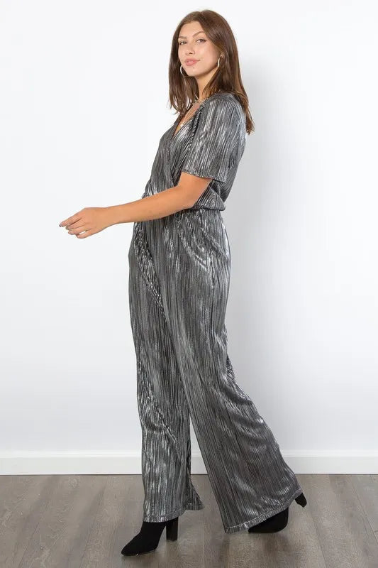 Be Stage Surplice Short Sleeve Pleated Foil Jumpsuit www.nizzadesign.com