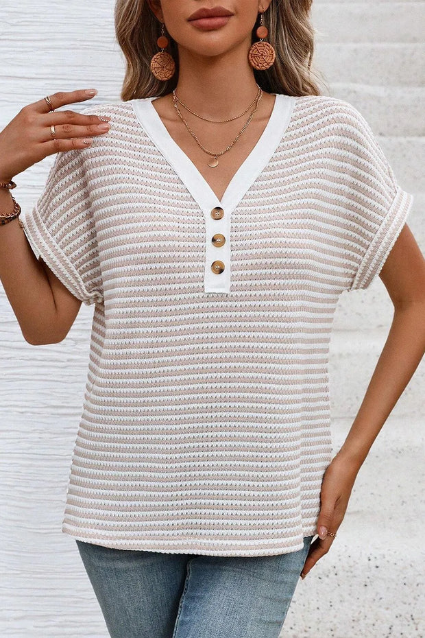 Stripe Buttoned Front V Neck T Shirt www.nizzadesign.com