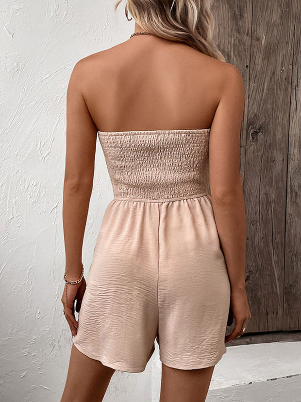 Perfee Decorative Button Smocked Strapless Romper www.nizzadesign.com