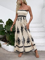 Smocked Printed Wide Leg Jumpsuit Beige www.nizzadesign.com