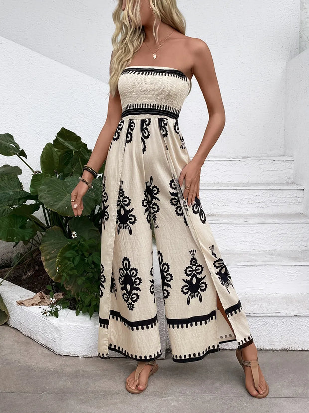 Smocked Printed Wide Leg Jumpsuit Beige www.nizzadesign.com