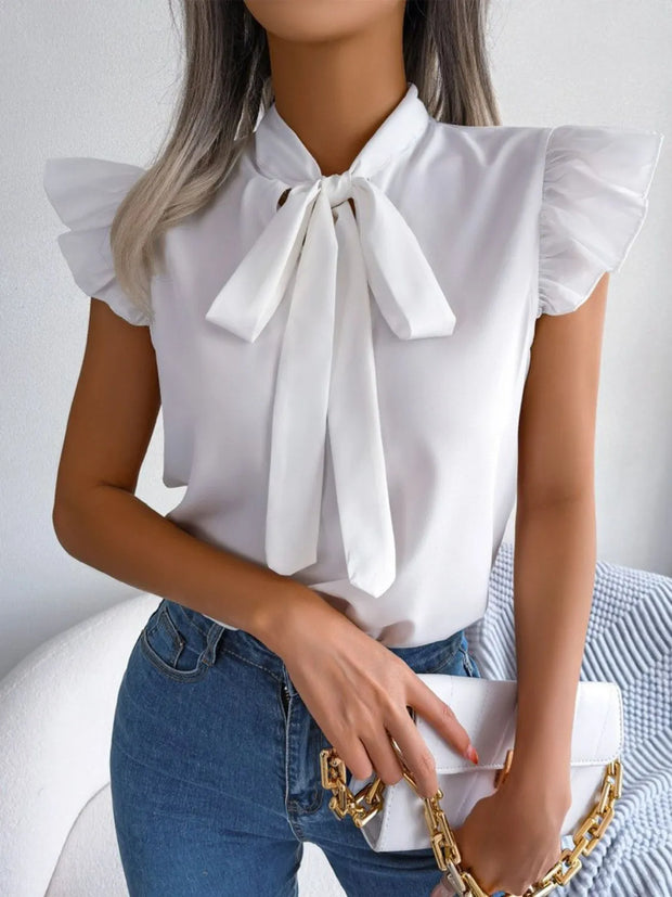 Ruffle Cap Sleeve Bow Tie Blouse www.nizzadesign.com