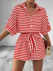 Tie Waist Half Button Striped Romper www.nizzadesign.com