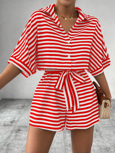 Tie Waist Half Button Striped Romper www.nizzadesign.com