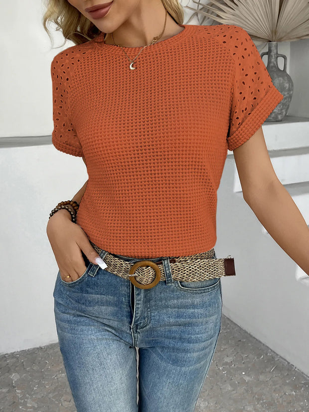 Hollow Out Waffle Knit Short Sleeve T-Shirt Orange www.nizzadesign.com