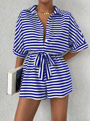 Tie Waist Half Button Striped Romper www.nizzadesign.com