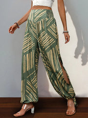 Perfee Smocked Slit Printed High Waist Pants www.nizzadesign.com