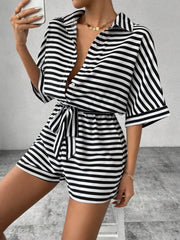 Tie Waist Half Button Striped Romper www.nizzadesign.com