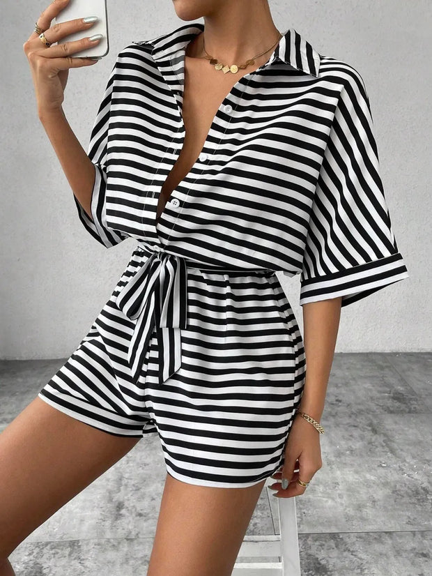 Tie Waist Half Button Striped Romper www.nizzadesign.com