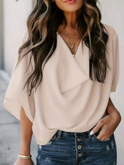 Full Size Ruched Three-Quarter Sleeve Blouse Plus Size Eggshell www.nizzadesign.com