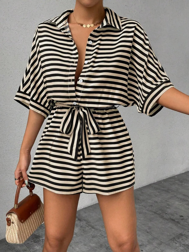 Tie Waist Half Button Striped Romper www.nizzadesign.com