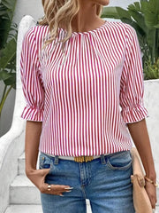 Striped Round Neck Half Sleeve Casual Blouse Red www.nizzadesign.com