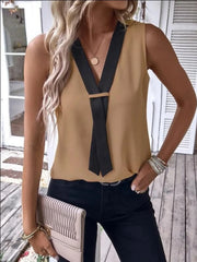 Full Size V-Neck Contrast Tank Plus Size Camel www.nizzadesign.com