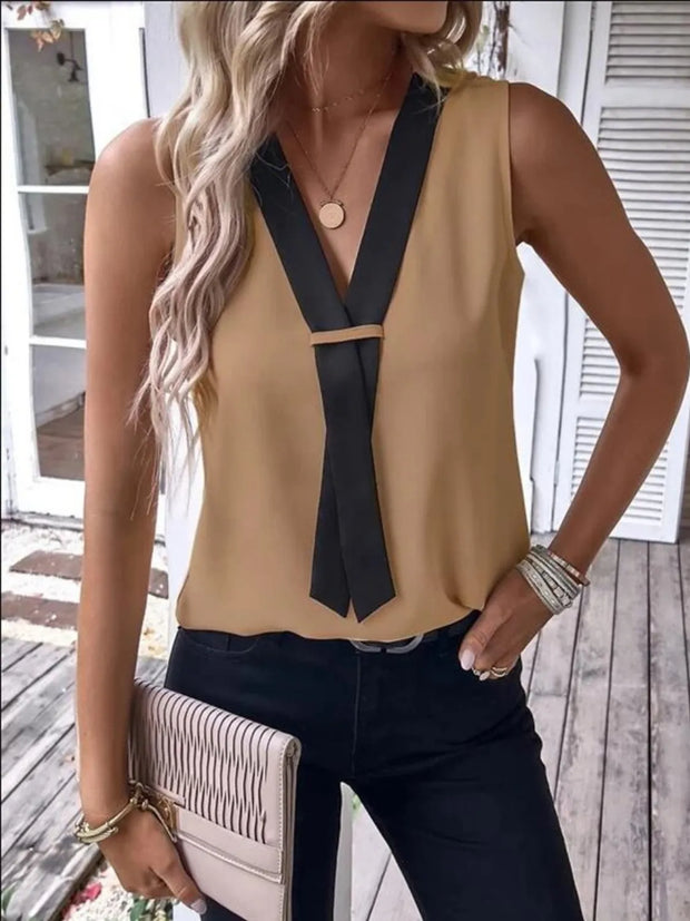 Full Size V-Neck Contrast Tank Plus Size Camel www.nizzadesign.com