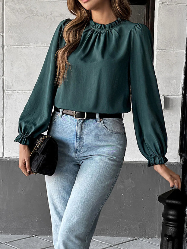 Ruched Round Neck Long Sleeve Blouse www.nizzadesign.com